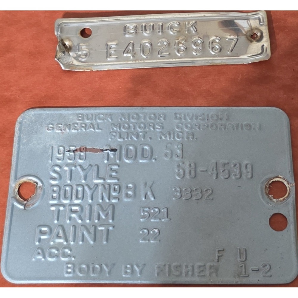 1958 Buick VIN Data Plate Trim Tag‎ Body by Fisher GM Flint Michigan